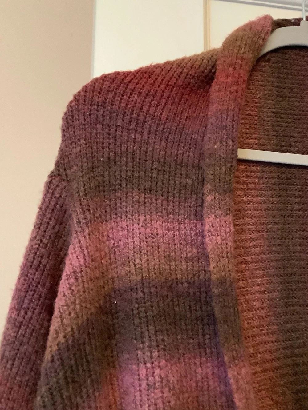 Fashion Bug Mauve and Olive Striped Open-Front Poncho Sweater - Picture 4 of 7